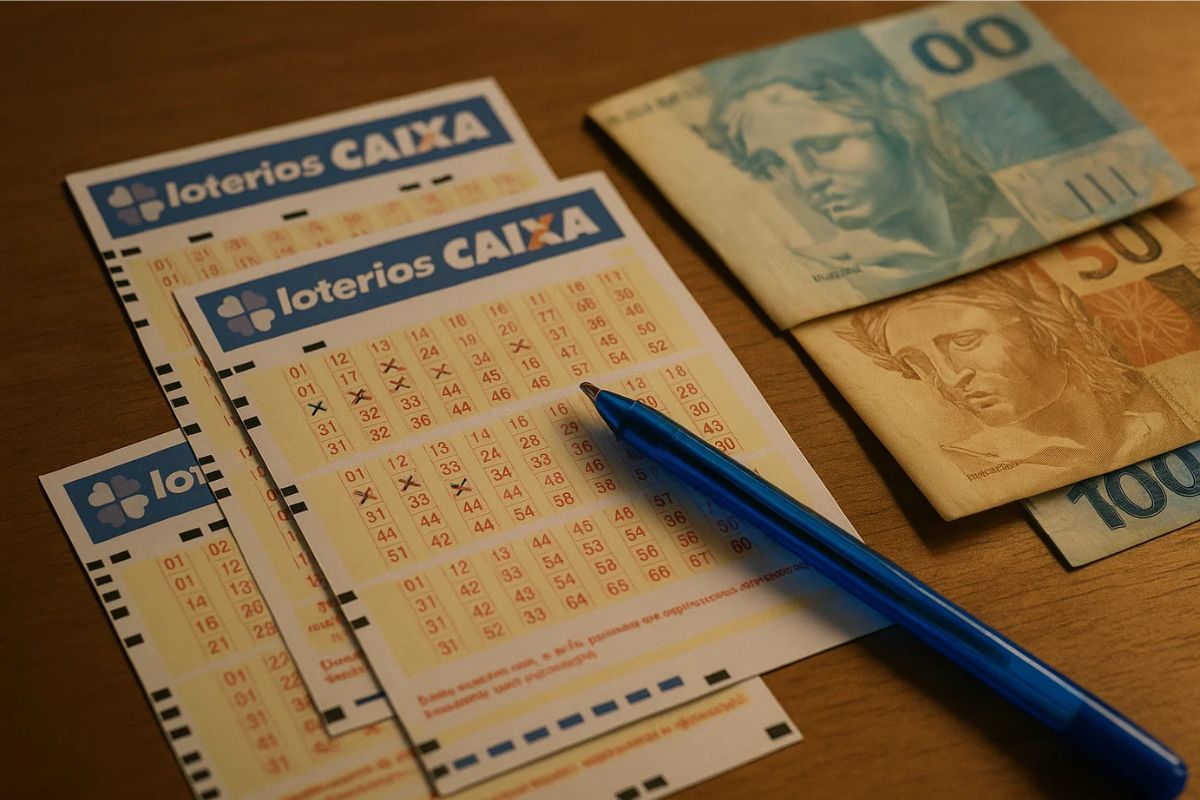 Bilhetes das Loterias Caixa em cima de uma mesa. Há uma caneta em cima do bilhete e ao lado algumas notas