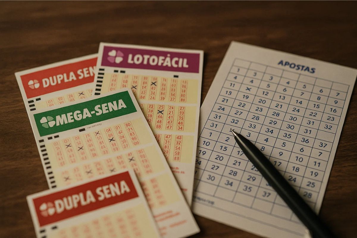 Imagem de bilhetes das Loterias Caixa em cima da mesa, incluindo a Mega-Sena