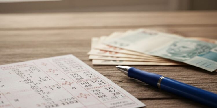 Loterias Caixa anotações com papel e caneta