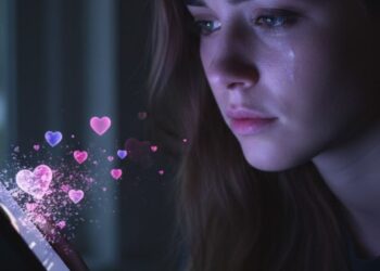 Uma mulher chora com o celular na mão enquanto vê que o cara desfez o match