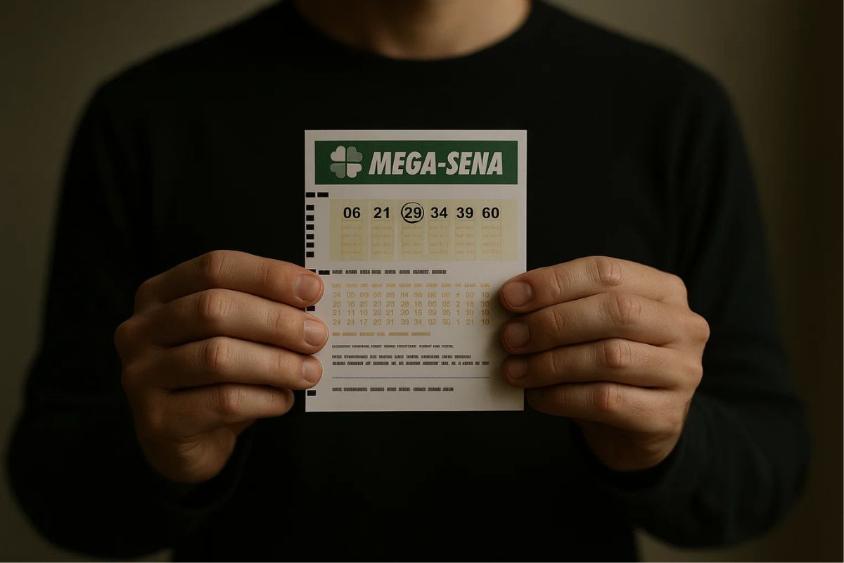 Um rapaz com bilhete da mega-sena