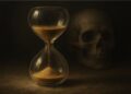 Uma imagem representando memento mori: há uma ampulheta e ao fundo uma caveira