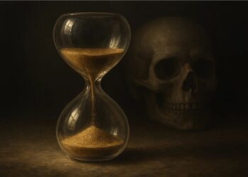 Uma imagem representando memento mori: há uma ampulheta e ao fundo uma caveira