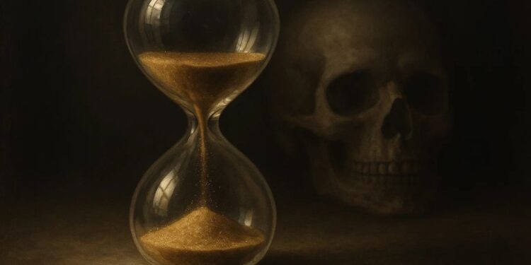 Uma imagem representando memento mori: há uma ampulheta e ao fundo uma caveira