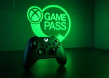 Imagem do controle, ao fundo o logo do Game Pass, serviço da Microsoft