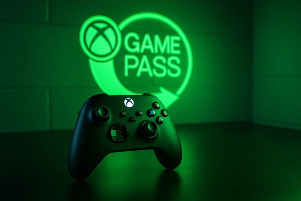 Imagem do controle, ao fundo o logo do Game Pass, serviço da Microsoft