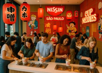 Pessoas dentro da miojolândia da Nissin