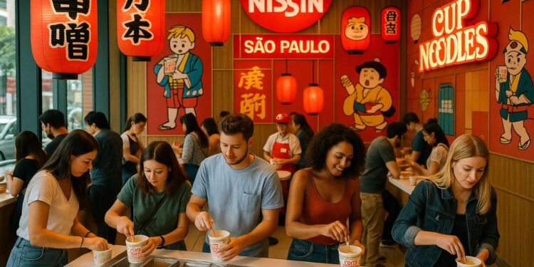 Pessoas dentro da miojolândia da Nissin