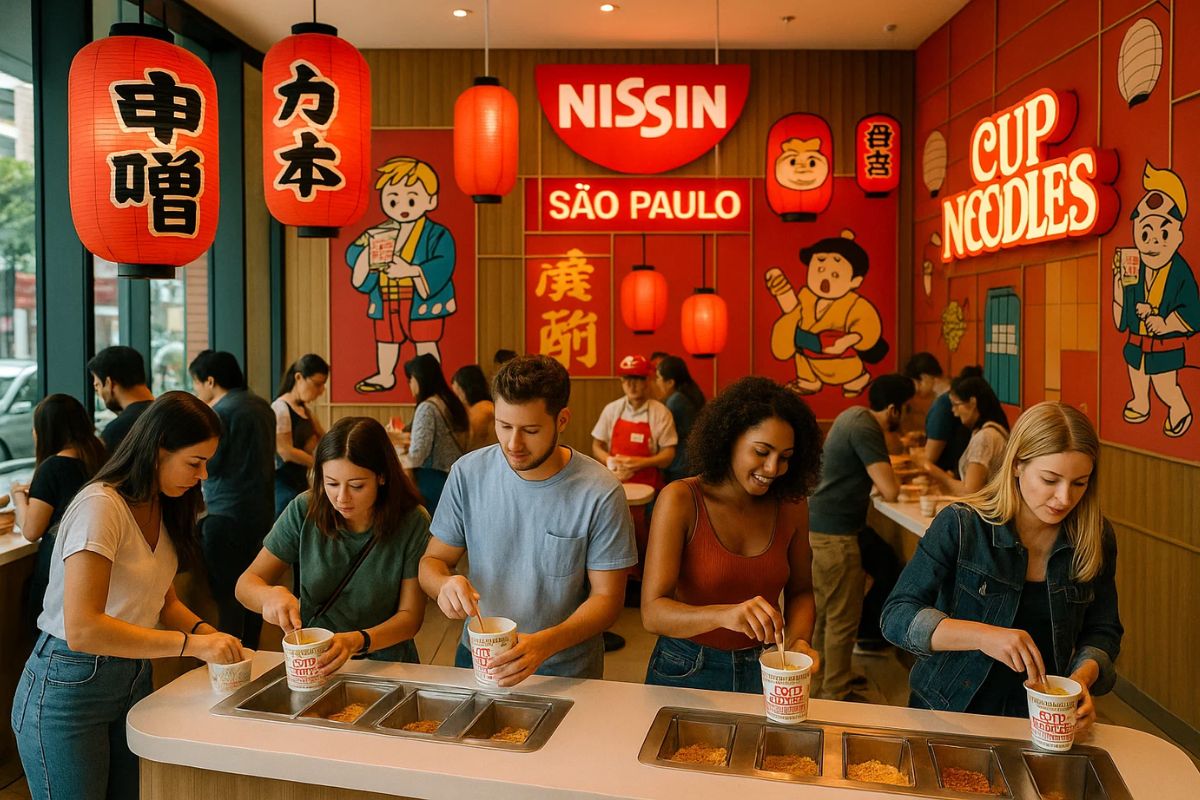 Pessoas dentro da miojolândia da Nissin