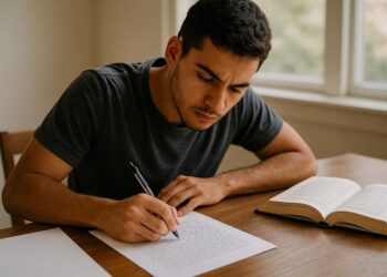 Um jovem estudando para a Redação ENEM
