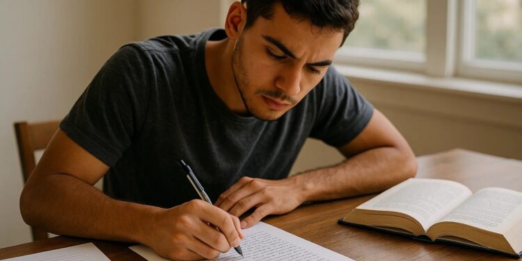 Um jovem estudando para a Redação ENEM