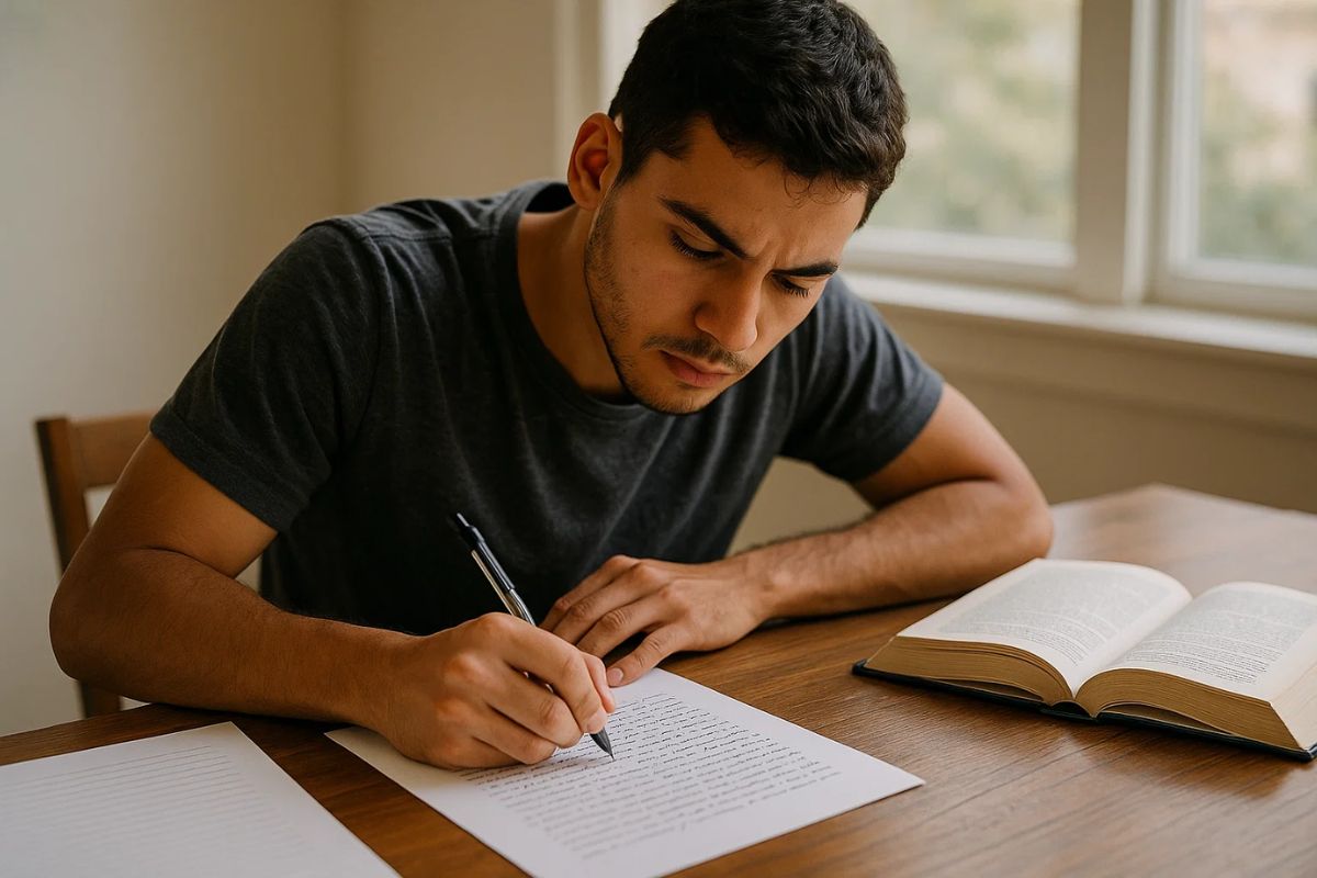 Um jovem estudando para a Redação ENEM