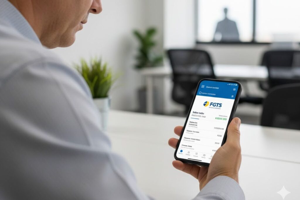 Uma pessoa usando o aplicativo FGTS para ver se o saque-aniversário está disponível