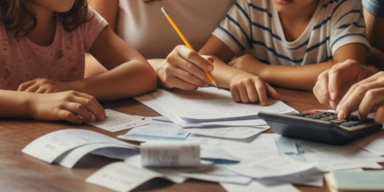 Uma família fazendo o cálculo com o Salário mínimo