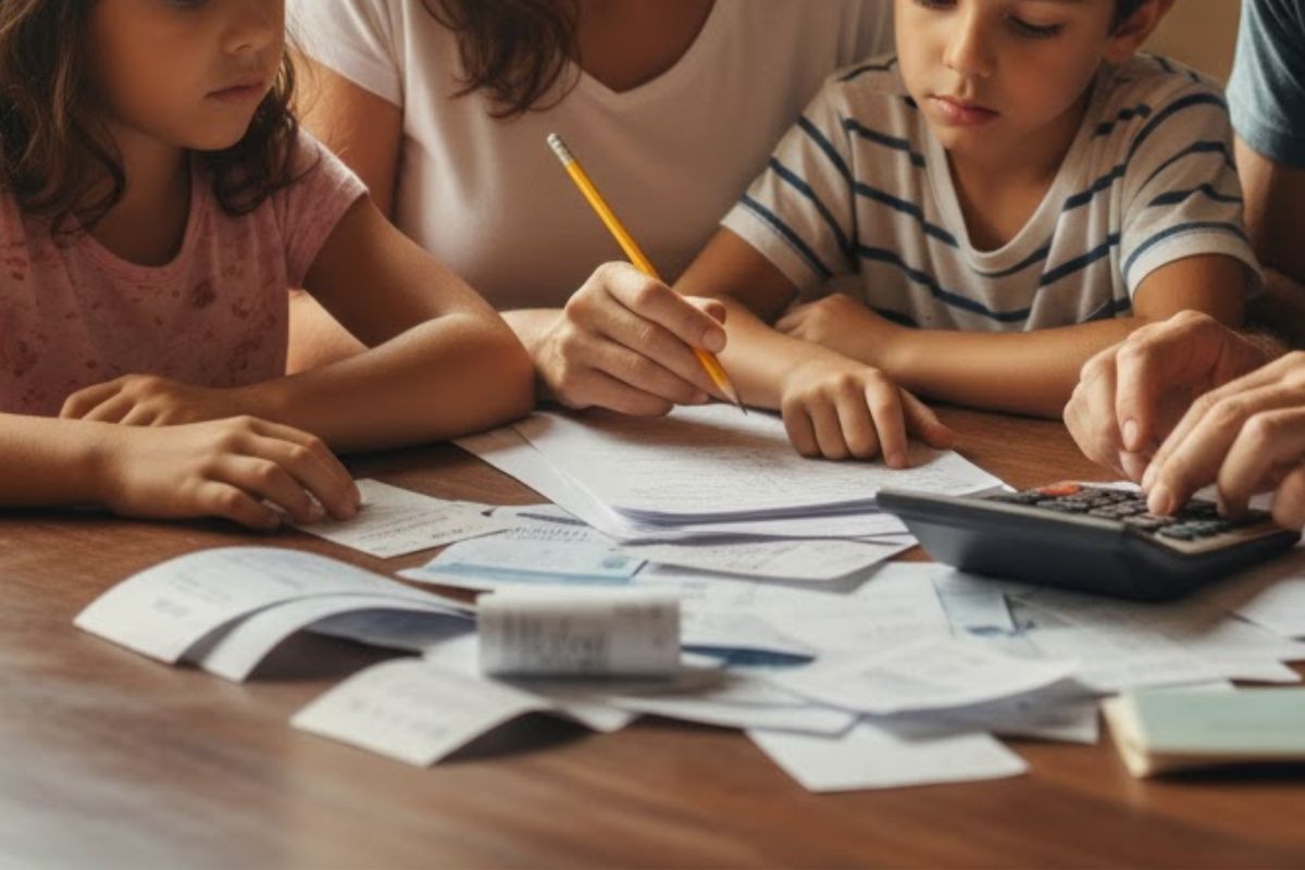 Uma família fazendo o cálculo com o Salário mínimo