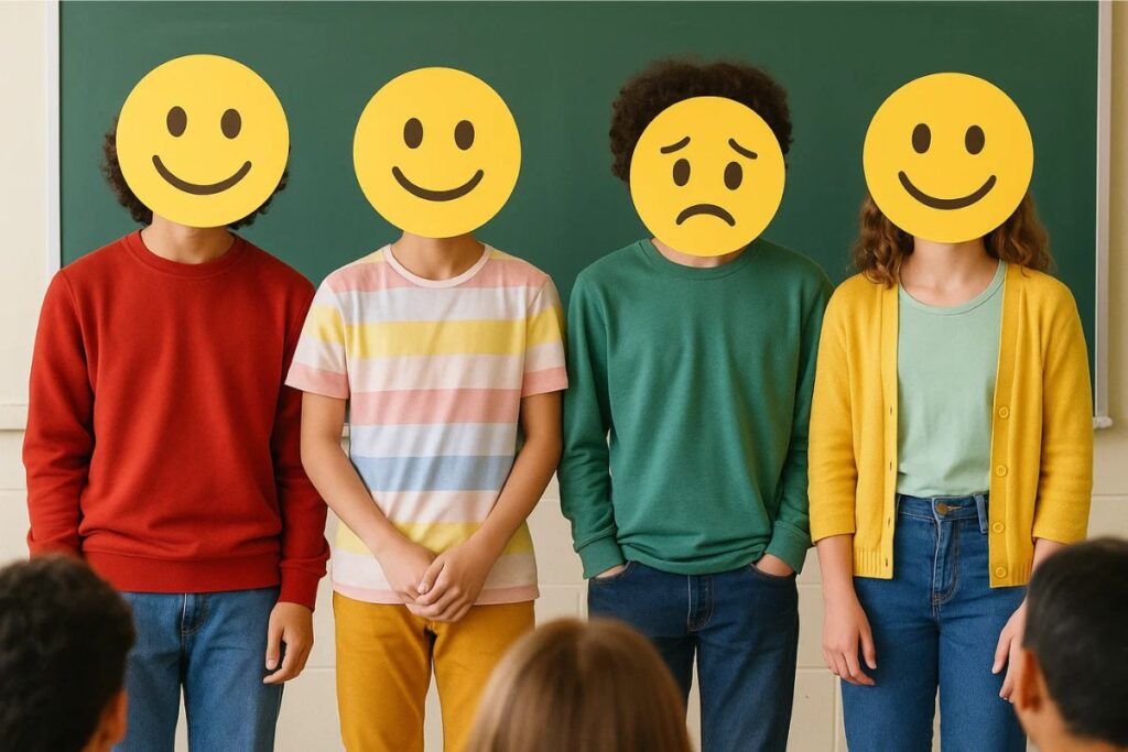 Jovens em frente a uma turma. Um deles aparenta um dos sintomas de depressão