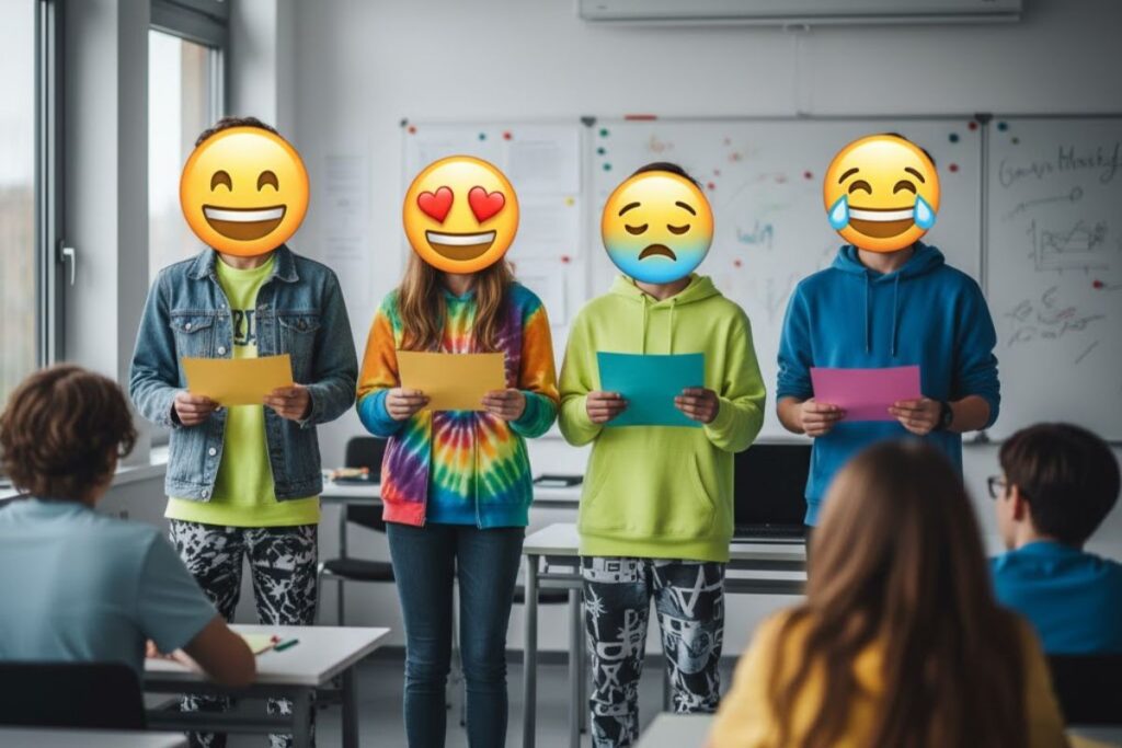 Jovens em frente a uma turma. Um deles aparenta um dos sintomas de depressão