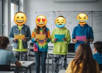 Jovens em frente a uma turma. Um deles aparenta um dos sintomas de depressão