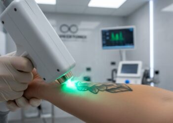 Uma pessoa removendo a tatuagem com um profissional