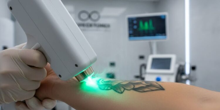 Uma pessoa removendo a tatuagem com um profissional