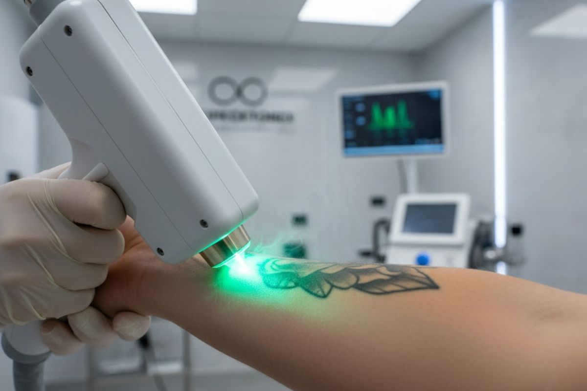 Uma pessoa removendo a tatuagem com um profissional