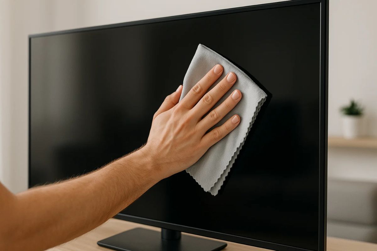 Uma mulher limpando a tela da televisão