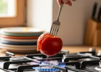 Um tomate em cima do boca do fogão em um garfo