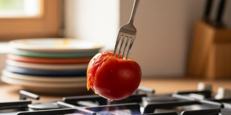 Um tomate em cima do boca do fogão em um garfo