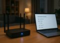Um roteador, ao lado o notebook para mudar o Wi-Fi