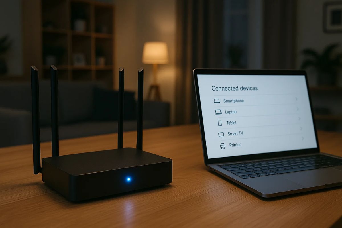 Um roteador, ao lado o notebook para mudar o Wi-Fi