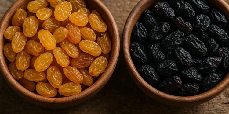 Passas douradas e pretas em dois potes separados