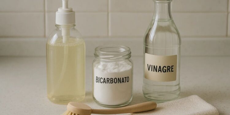 Misturas em potes: bicarbonato, vinagre e água