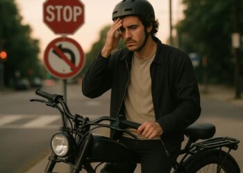 Um jovem pensativo em cima de sua bicicleta elétrica