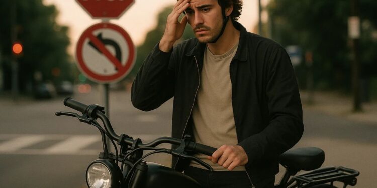 Um jovem pensativo em cima de sua bicicleta elétrica