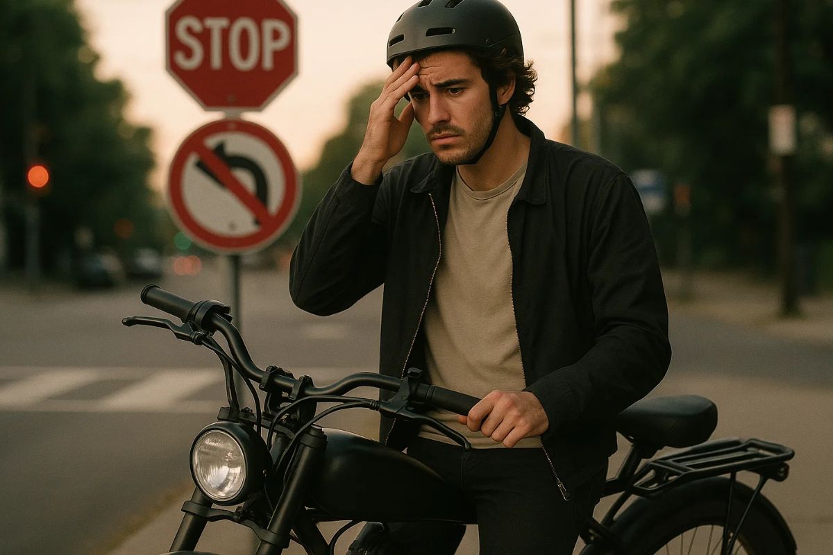 Um jovem pensativo em cima de sua bicicleta elétrica