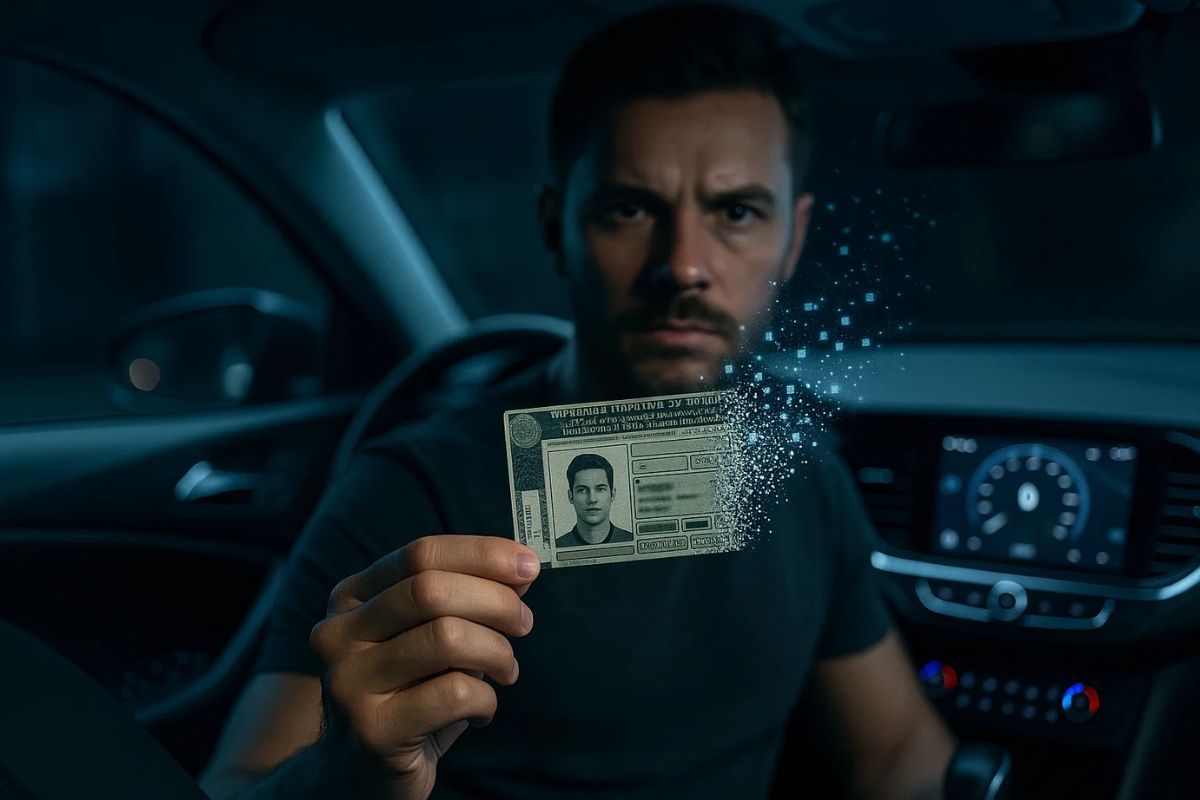 Um rapaz com sua CNH desintegrando na mão