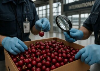 Agentes da Anvisa revisando um lote de cerejas