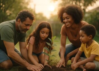 Uma família plantando árvores. Pais e filhos
