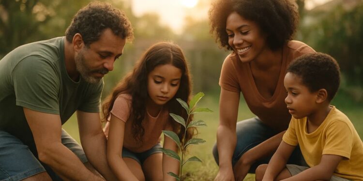 Uma família plantando árvores. Pais e filhos