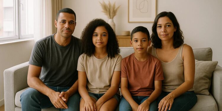 Uma família classe média sentada em um sofá