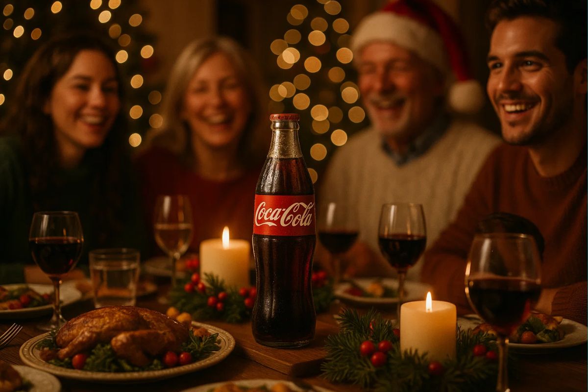 Uma coca-cola na mesa de Natal com diferentes familiares