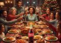 Uma família na mesa de Natal comemorando com Coca-Cola