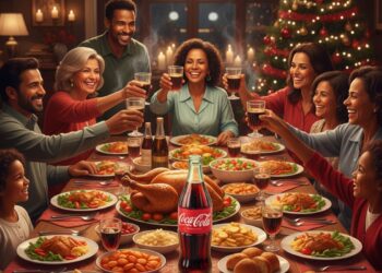 Uma família na mesa de Natal comemorando com Coca-Cola