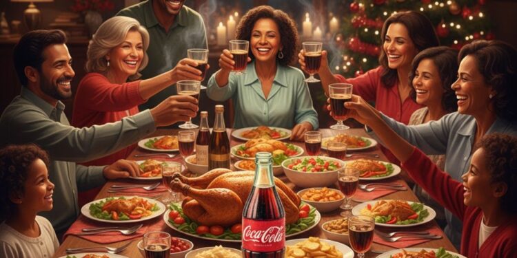 Uma família na mesa de Natal comemorando com Coca-Cola