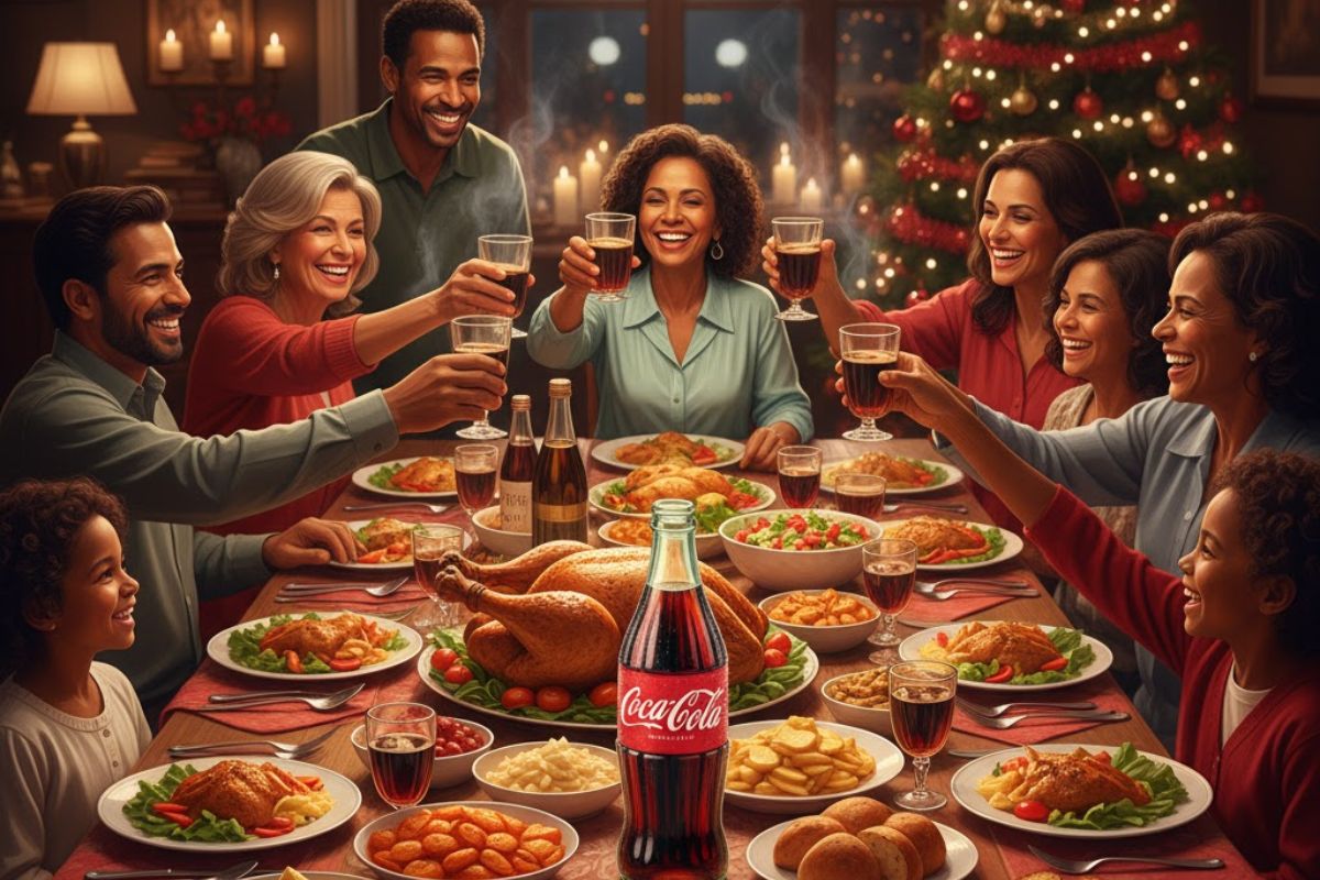 Uma família na mesa de Natal comemorando com Coca-Cola