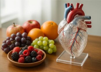 Frutas que "limpam" artérias ao lado de um coração de acrílico