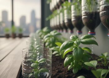 Garrafas PET utilizadas em um jardim