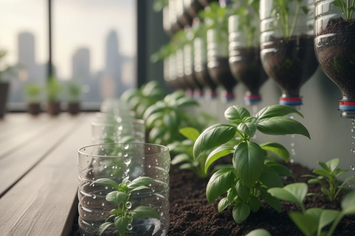 Garrafas PET utilizadas em um jardim