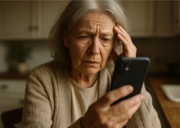 Uma idosa com o celular na mão preocupada com o Golpe da falsa venda