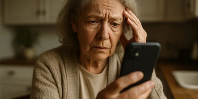 Uma idosa com o celular na mão preocupada com o Golpe da falsa venda